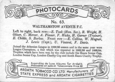Ardath Tobacco Photo Card 1936 (back)